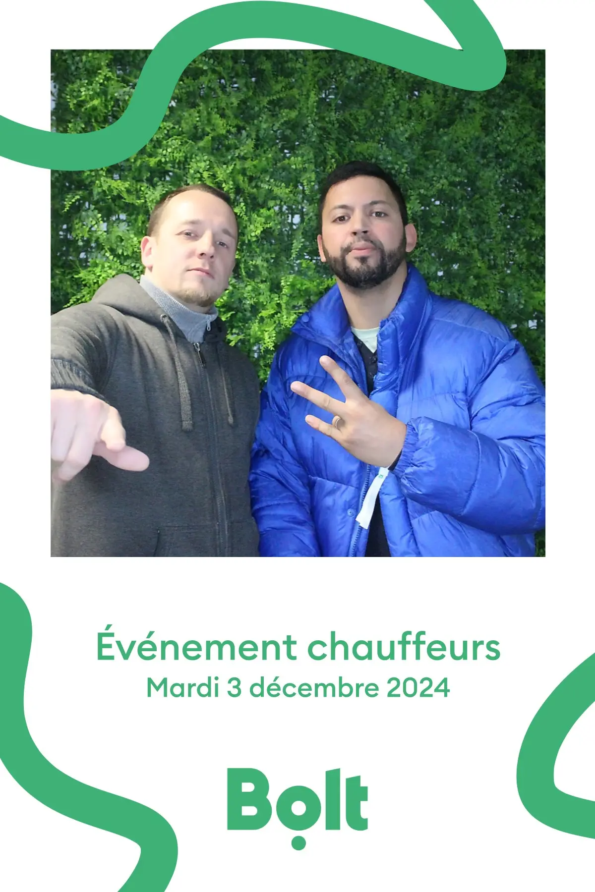 Tirage photobooth Smakk de l'événement chauffeurs de Bolt, contour vert aux couleurs de la marque, décembre 2024