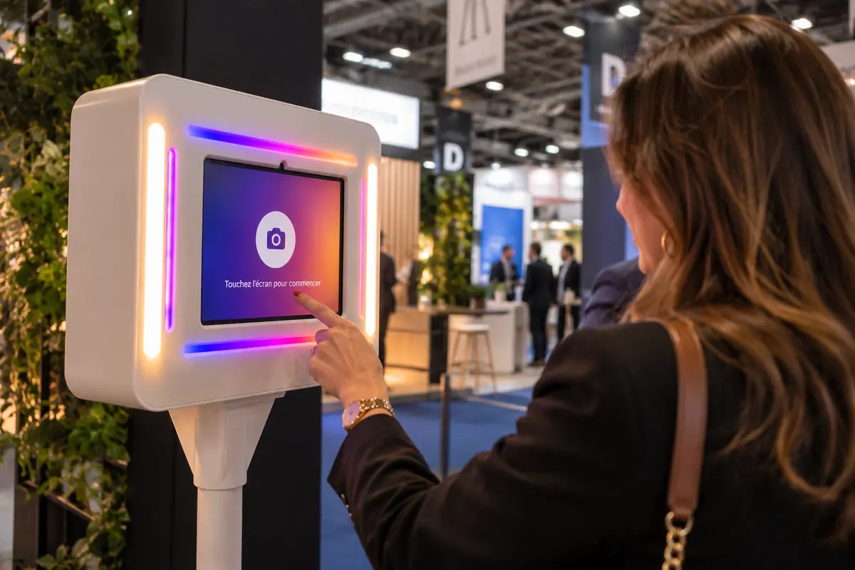 Visiteuse qui lance une photo sur l'écran tactile de la Smakk Pocket installée sur un stand de salon professionnel