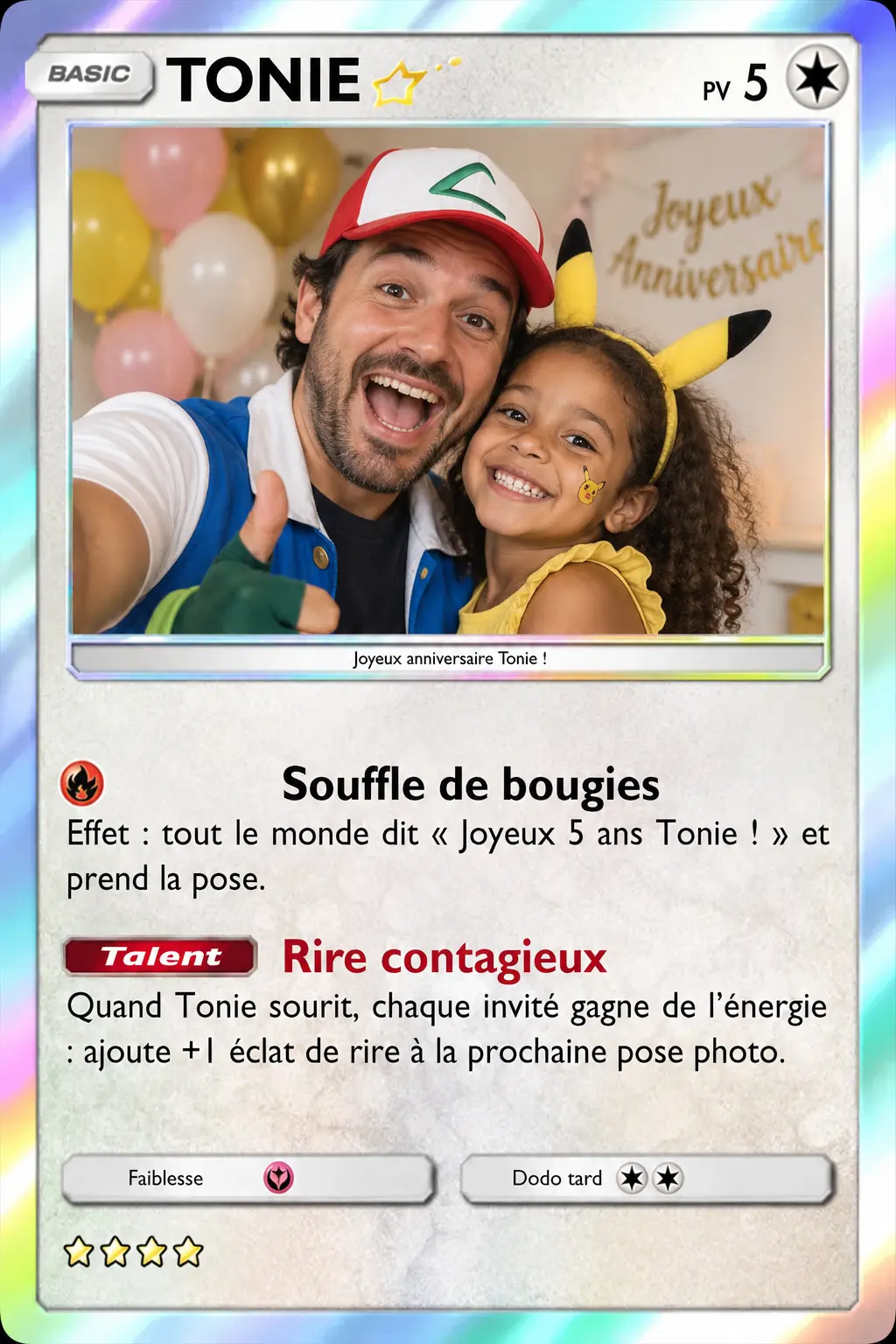 Tirage photobooth en forme de carte à collectionner pour un anniversaire de 5 ans, père et fille déguisés
