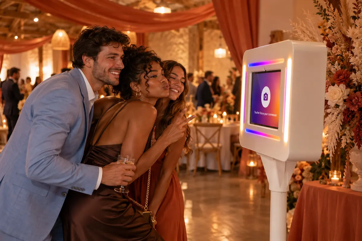 Invités d'un mariage qui posent en riant devant la Smakk Pocket, borne photo blanche à écran tactile, pendant la soirée