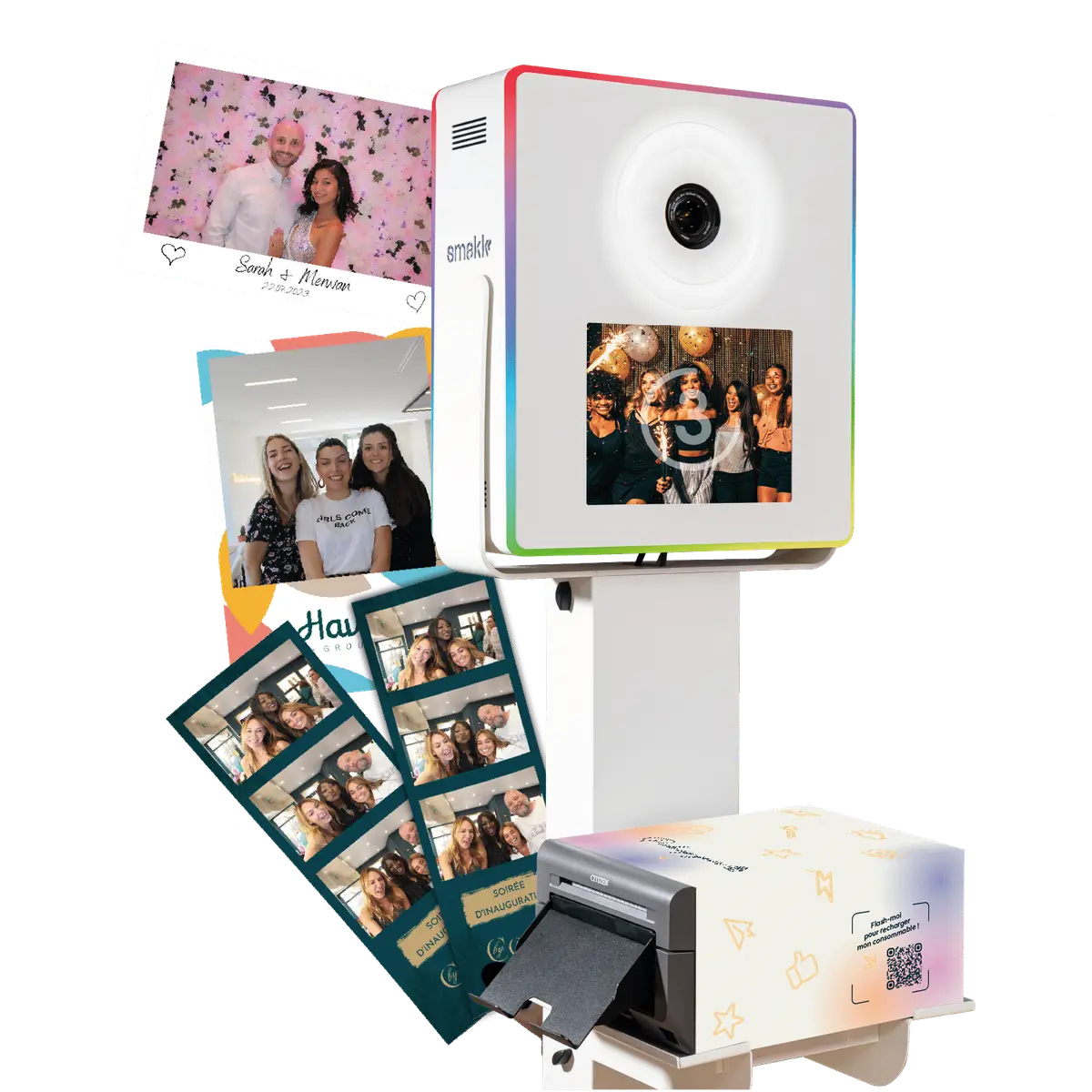 Photobooth Smakk blanc avec son imprimante et les tirages photo qui en sortent