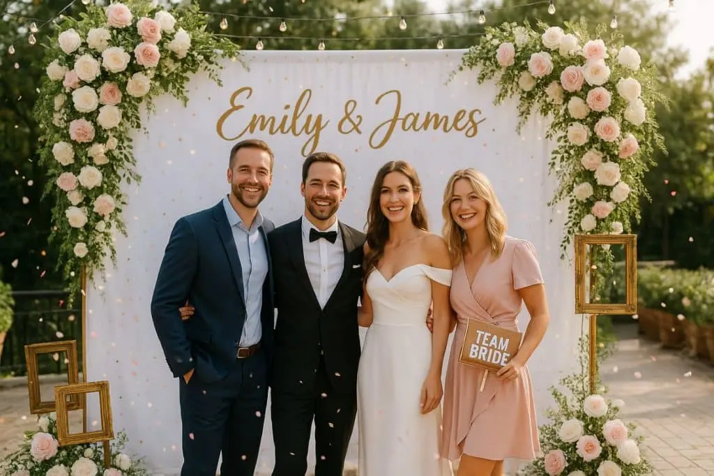 Photocall mariage et baptême avec décor romantique personnalisé