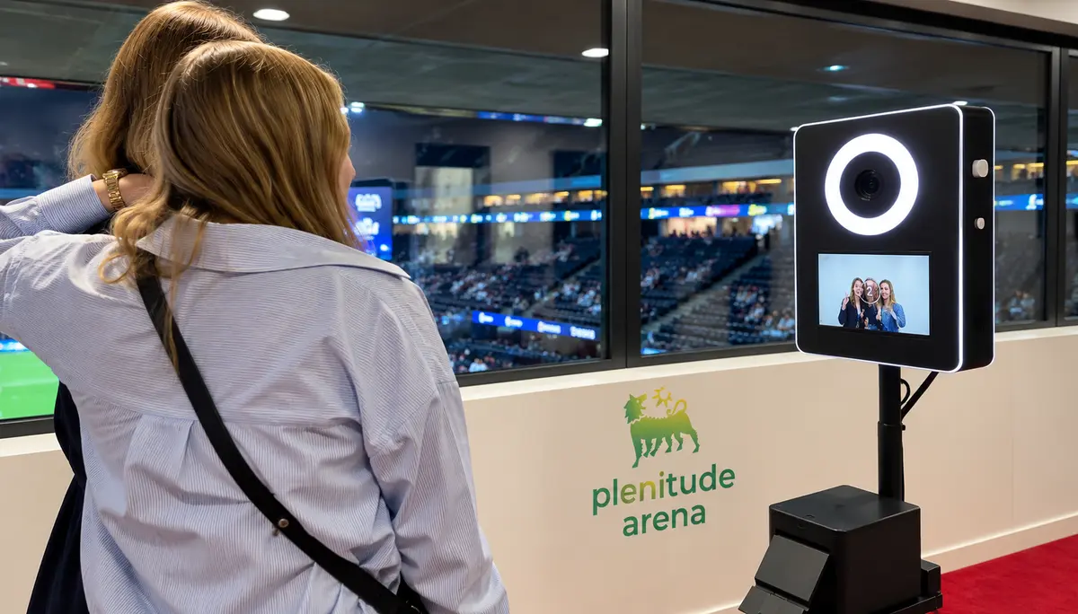 Deux invitées devant la Smakk Slim installée dans une loge de stade, écran affichant leur photo