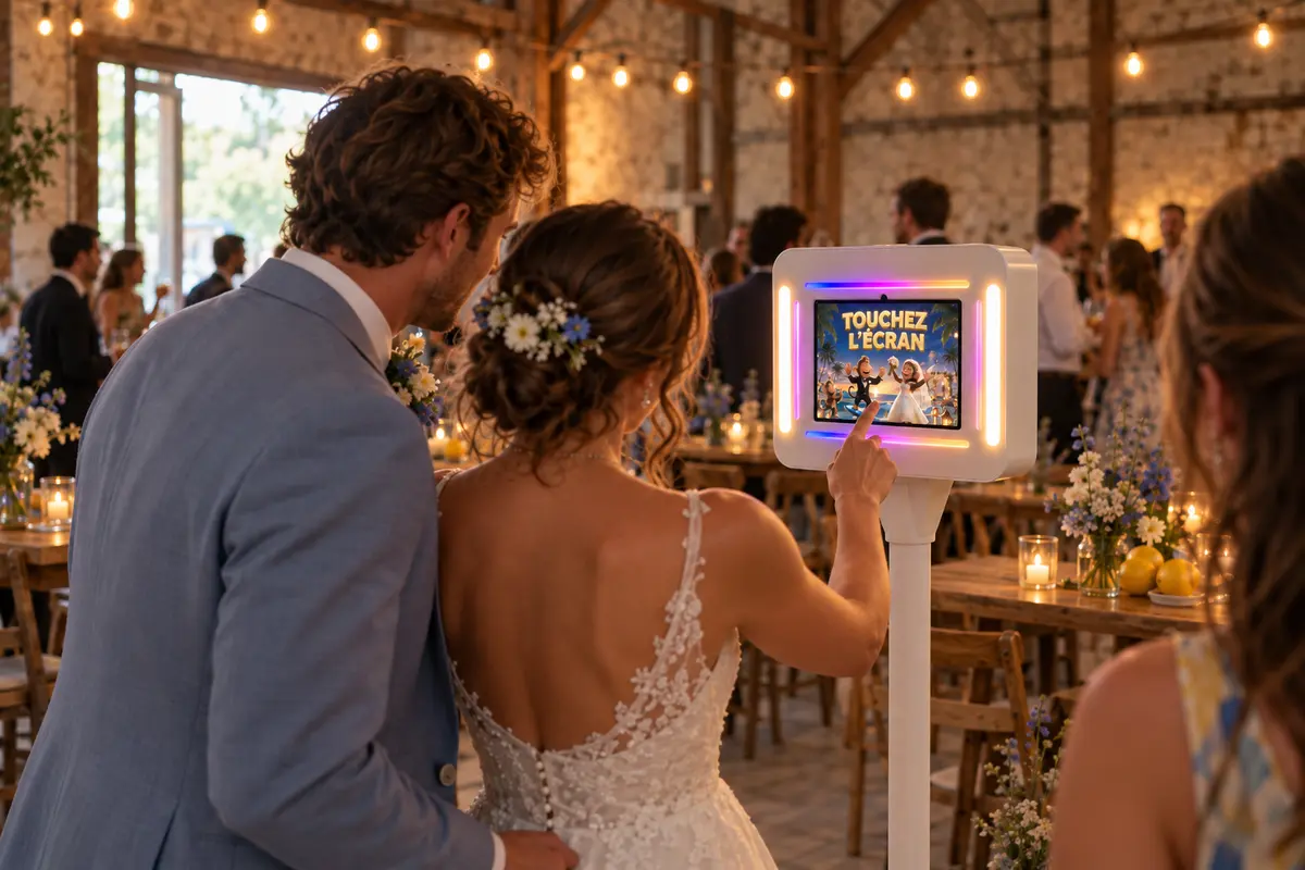 Des mariés lancent une photo sur la Smakk Pocket blanche pendant leur réception, dans une grange décorée de guirlandes lumineuses
