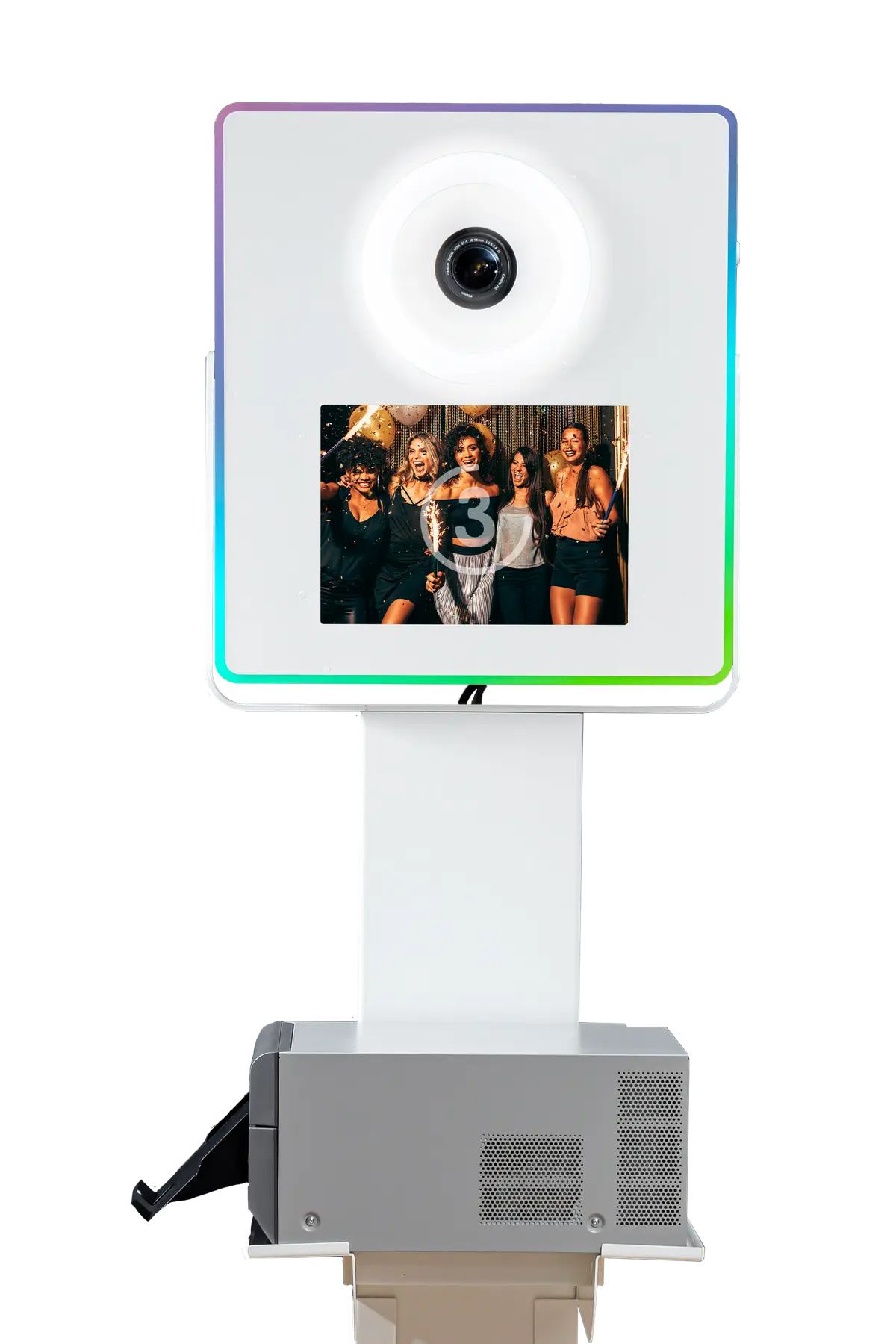 La Smakk vue de face : anneau lumineux LED, écran tactile et imprimante professionnelle