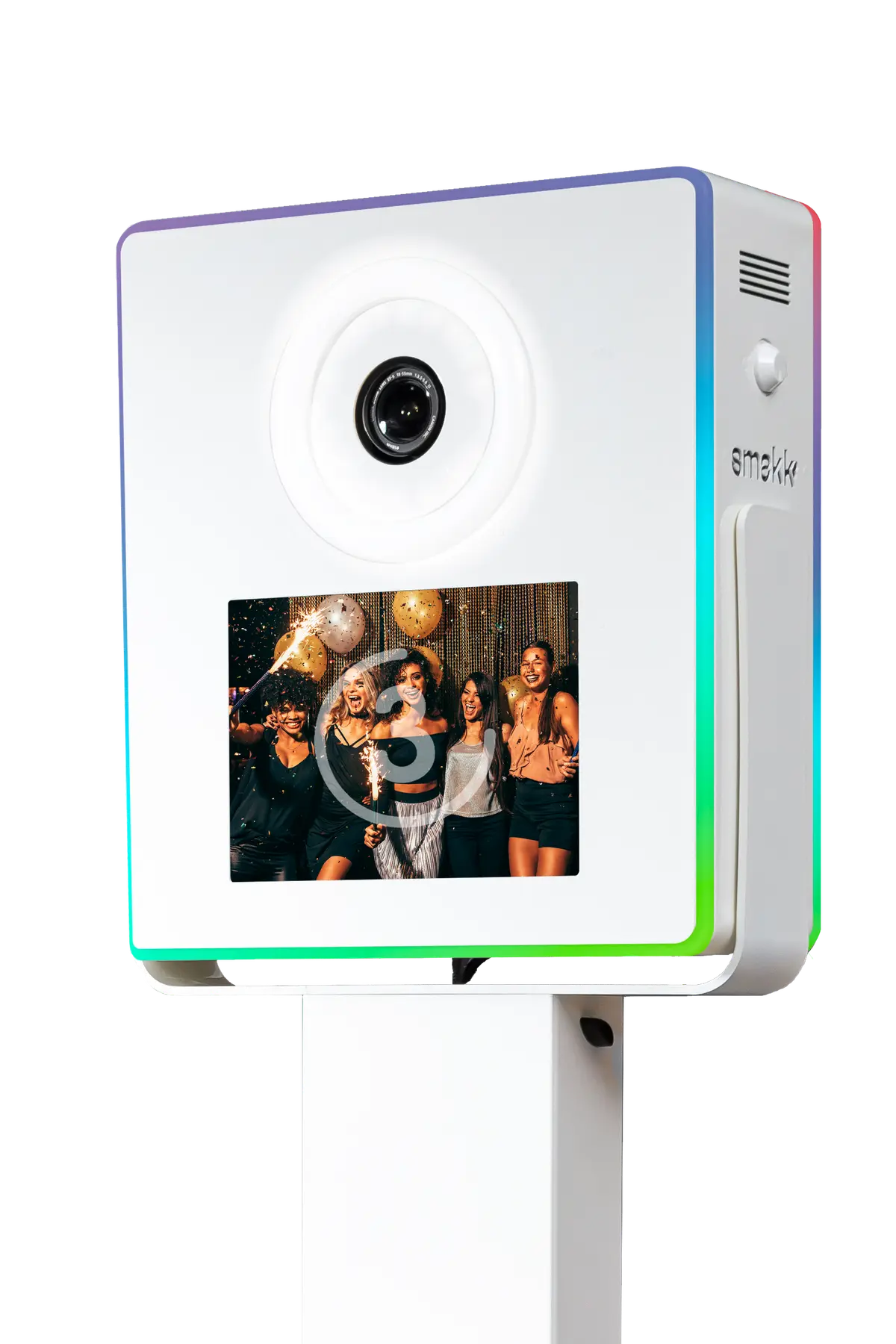 Borne photo Smakk en gros plan : objectif, écran de prévisualisation et liseré LED