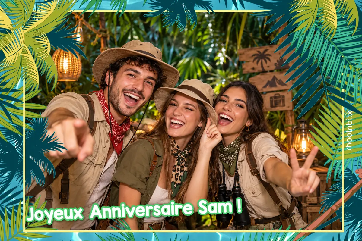 Rendu photobooth IA thème jungle : trois amis en explorateurs, contour Joyeux Anniversaire Sam
