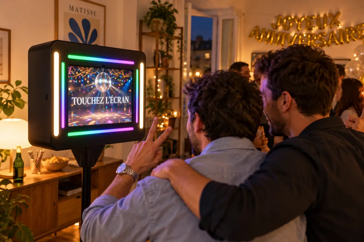 Invités qui lancent une photo sur la borne Smart lors d'un anniversaire à la maison