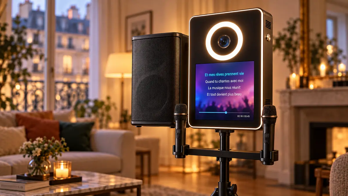 Borne karaoké Shootnbox dans un appartement parisien : écran affichant les paroles, enceinte amplifiée sur pied et deux micros, pour une soirée karaoké à domicile en Île-de-France