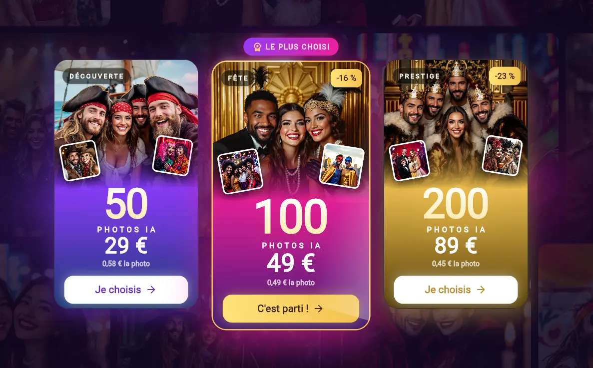 Écran d'achat de crédits photo IA sur la borne Shootnbox : formules Découverte 50 photos à 29 €, Fête 100 photos à 49 €, Prestige 200 photos à 89 €