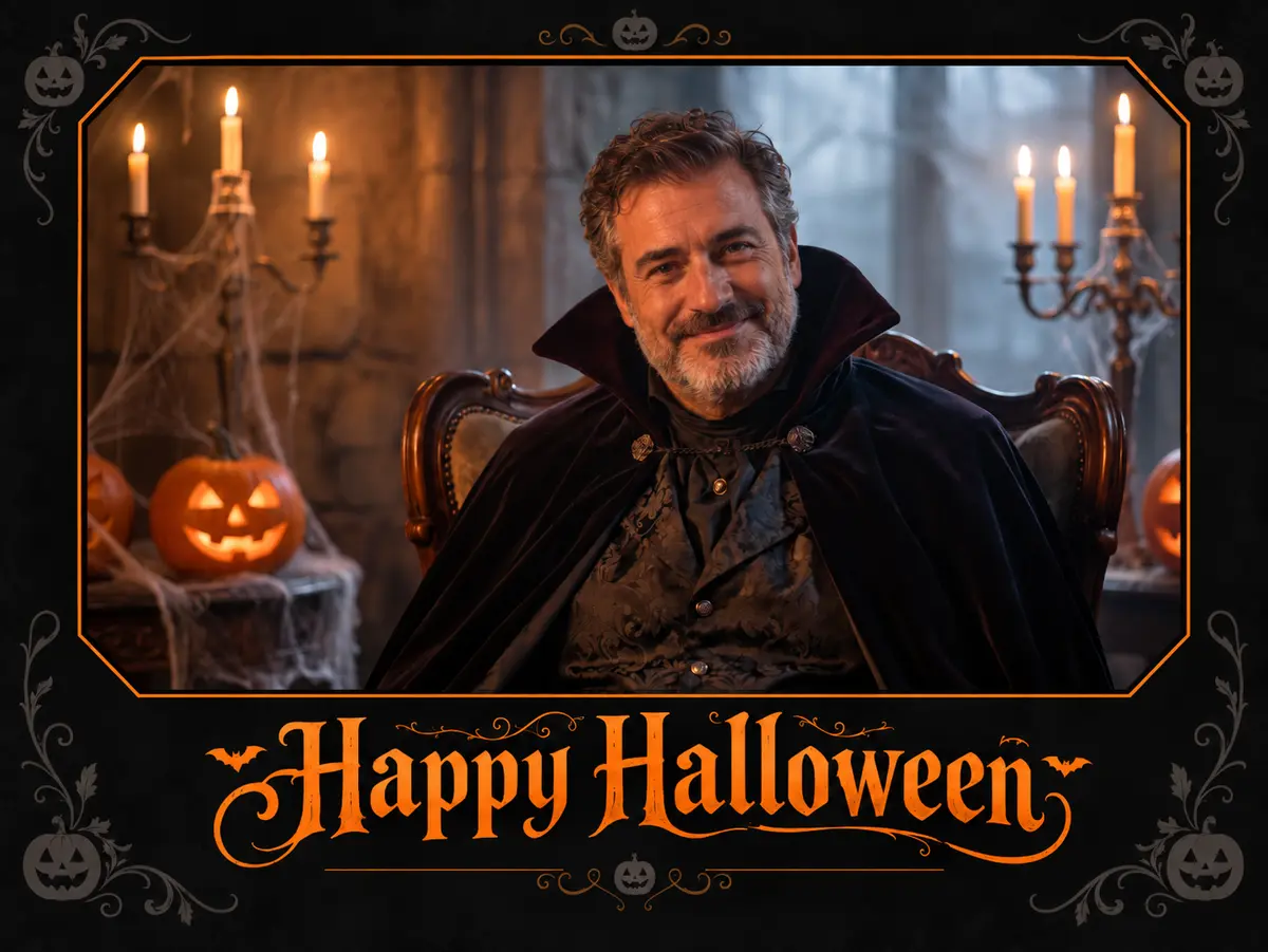 Rendu photobooth IA thème Halloween : invité transformé en vampire, contour Happy Halloween
