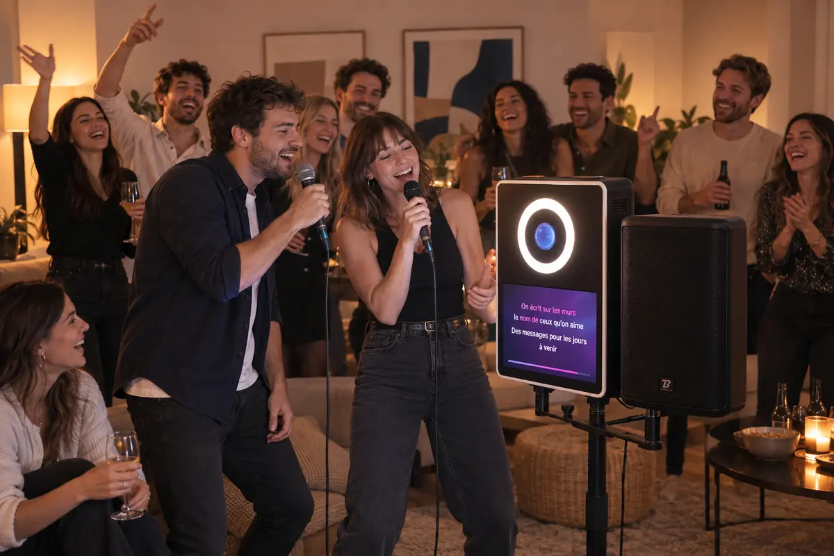 Soirée karaoké à domicile dans un salon : deux invités chantent au micro devant la borne Shootnbox et son enceinte sur pied, entourés d’une douzaine d’amis