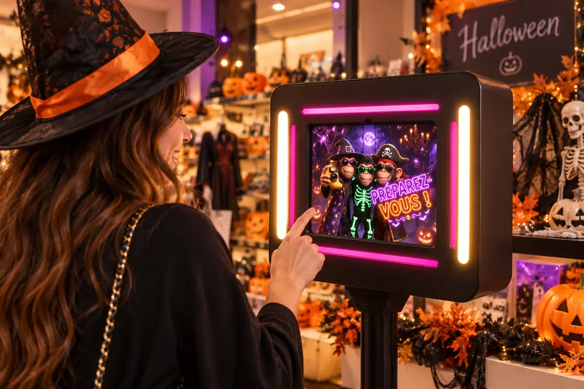 Invitée déguisée en sorcière qui touche l'écran de la borne Smart lors d'une soirée Halloween