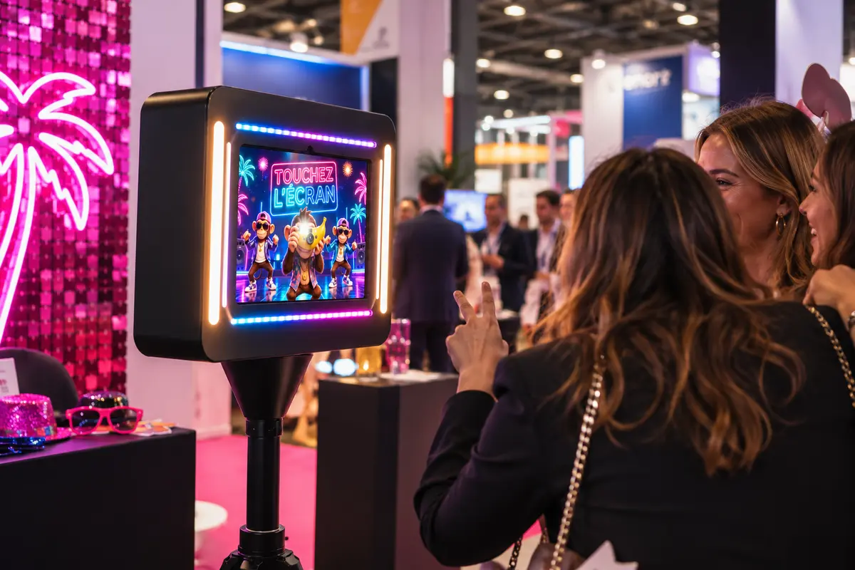 Photobooth Smart de Shootnbox avec fonction IA sur un stand de salon éclairé de néons roses