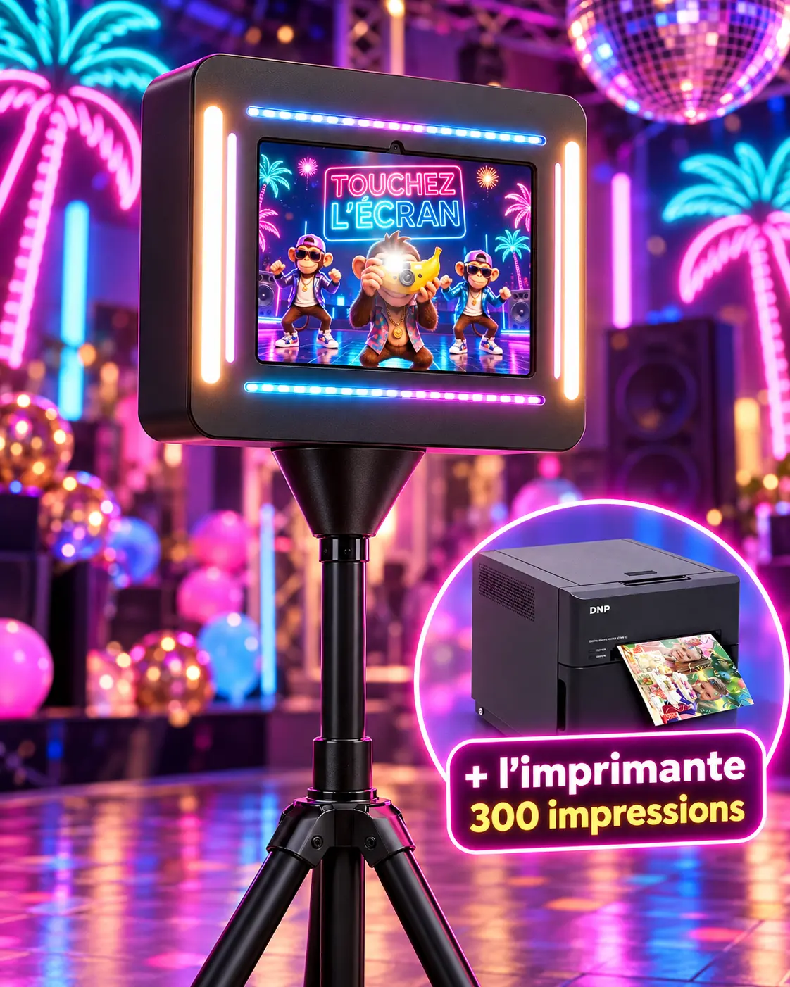 Borne photobooth Smart de Shootnbox sur trépied avec son imprimante, 300 impressions