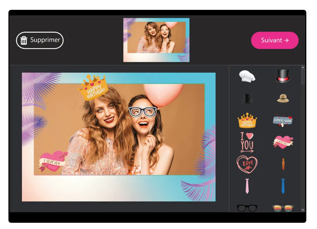 Invités ajoutant des accessoires numériques sur l'écran tactile — chapeaux lunettes emojis