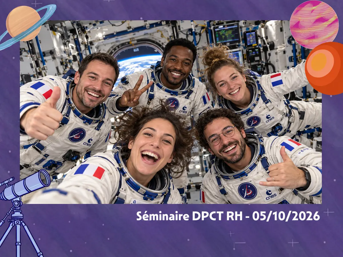 Rendu photobooth IA thème astronaute : cinq collègues en combinaison spatiale, contour Séminaire DPCT RH