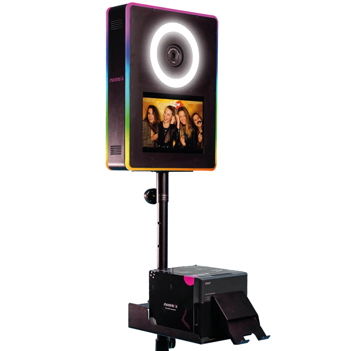 Vegas Slim Shootnbox détouré : photobooth premium livré à Bordeaux, structure compacte avec écran tactile et imprimante intégrée