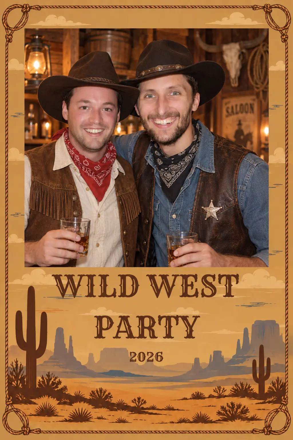 Rendu photobooth IA thème Far West : deux invités transformés en cow-boys dans un saloon, contour Wild West Party